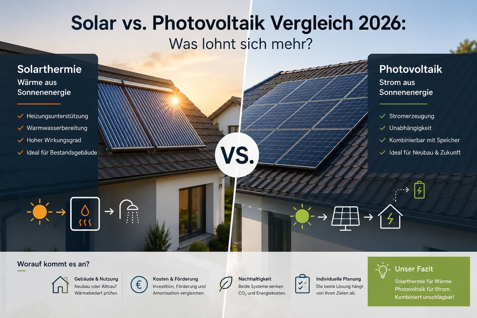 Direktvergleich Solar-Kollektoren und Photovoltaik-Module auf einem Hausdach