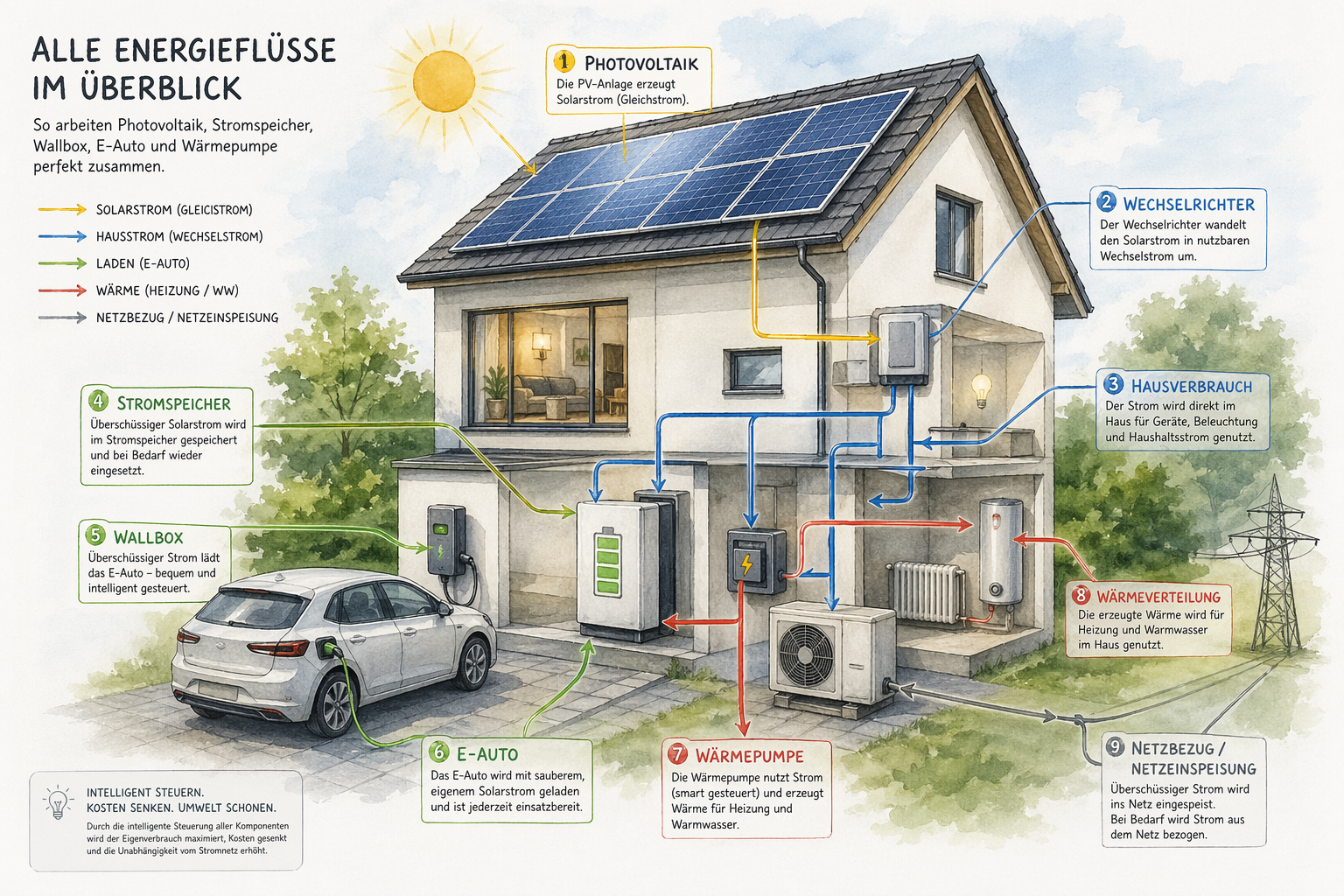 Komplettsystem Photovoltaik, Stromspeicher, Wallbox und Wärmepumpe – Energiefluss im Einfamilienhaus Kreis Lippe